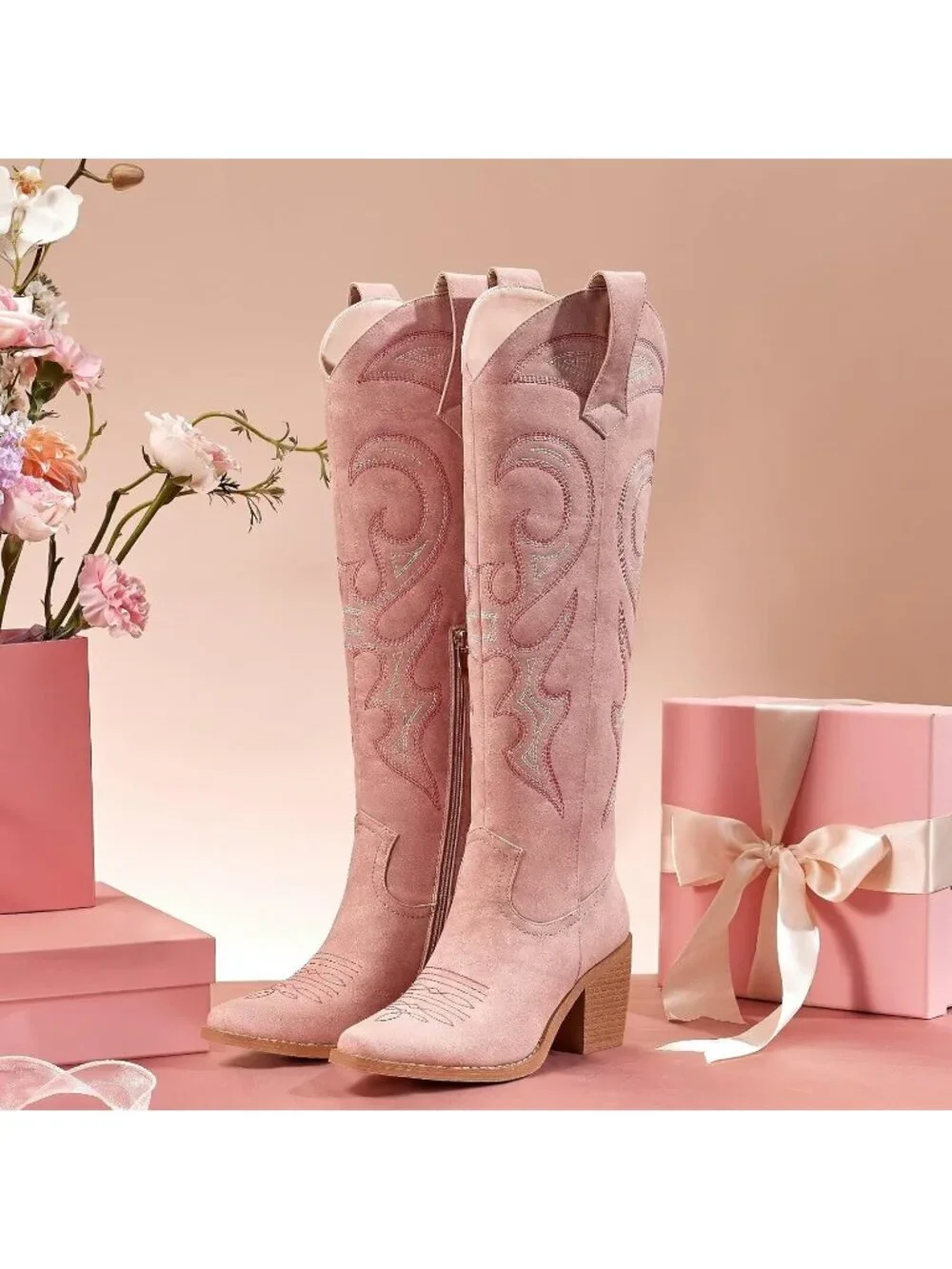 Women's Pink Western Knee High Cowgirl Boots Zipper Convenience Casual Wear